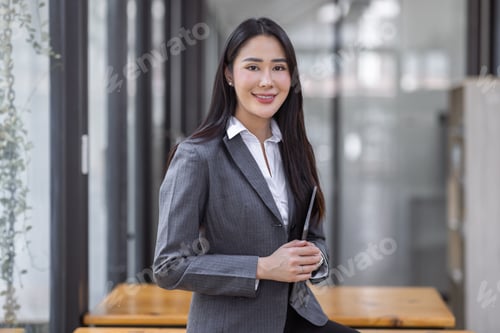 Preview: Happy young asian woman, using digital tablet isolated on office background
