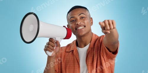 Preview: Man, megaphone and choice or pointing you for announcement, broadcast and choice or news on blue ba