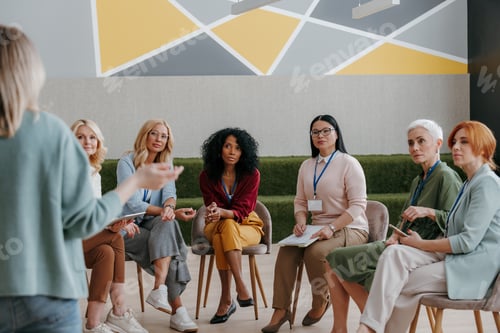 Preview: Group of confident mature women listening to speaker while visiting business conference