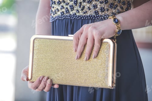 Preview: Woman wearing an elegant gown while holding a gold-plated clutch bag