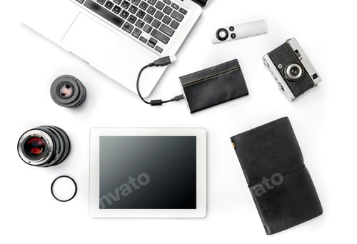 Preview: Workplace of business. Modern male accessories and laptop on white