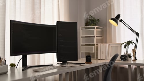 Preview: Computer monitors with coded data, supplies on wooden table in software development office.