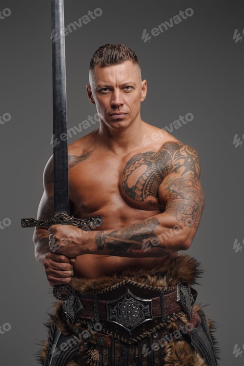 Preview: Muscular warrior with naked torso holding sword against gray background