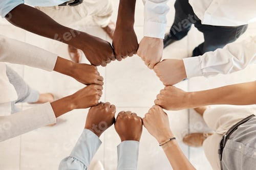 Preview: Diversity, solidarity and hands of business people in circle for teamwork, collaboration and synerg