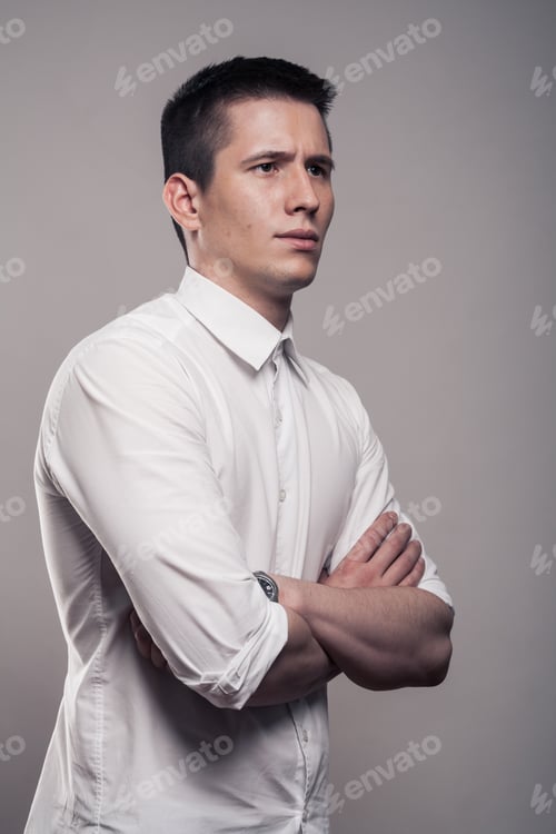 Preview: One Young Man, Portrait, Upper Body, White Shirt, Studio, Gray Background, Side View, Looking