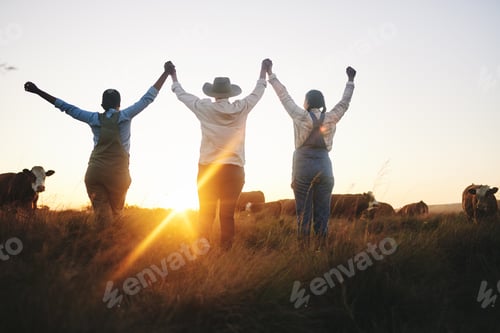 Preview: Farm, success and women back with celebration, happy and excited for cattle industry growth or deve