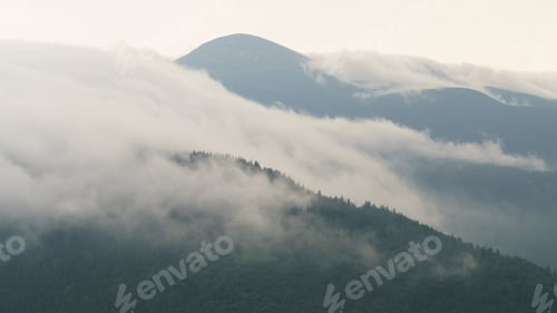 Preview: Beautiful morning panorama of forest covered by low clouds. Autumn fog on the mountain hills.