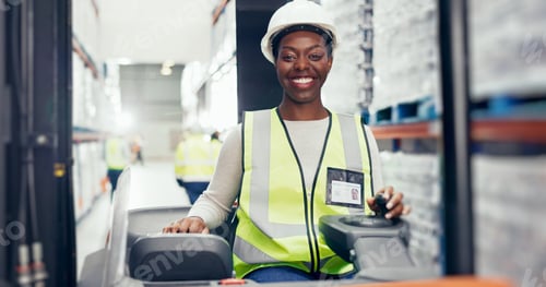 Preview: Logistics, black woman and happy in forklift for portrait, inventory management and organizing shel