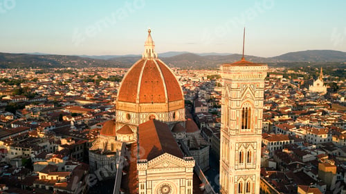 Preview: Aerial close view of the Florence Cathedral or Duomo di Firenze at sunset, Italy
