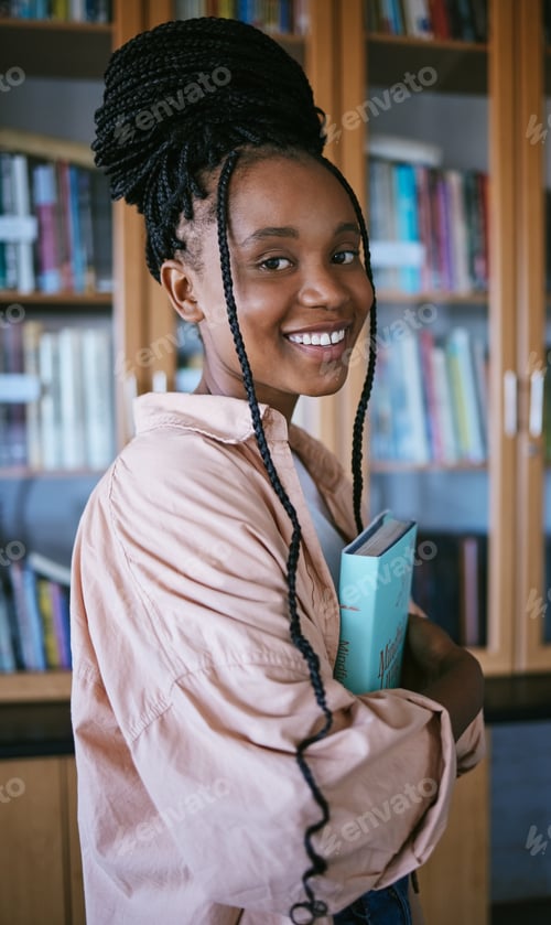 Preview: Student, black woman and library books university, education and thinking or learning for knowledge