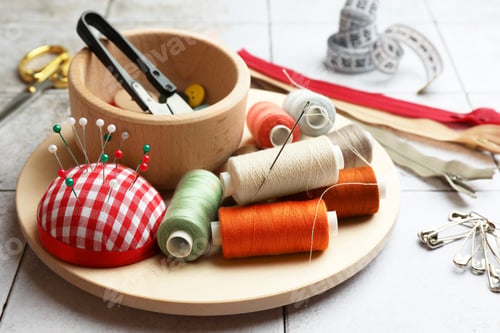 Preview: Spools of threads and sewing tools on light tiles