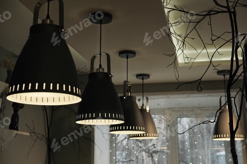 Preview: ceiling light lamps in evening cafe, night moody aesthetic, pendant lights, nordic style,