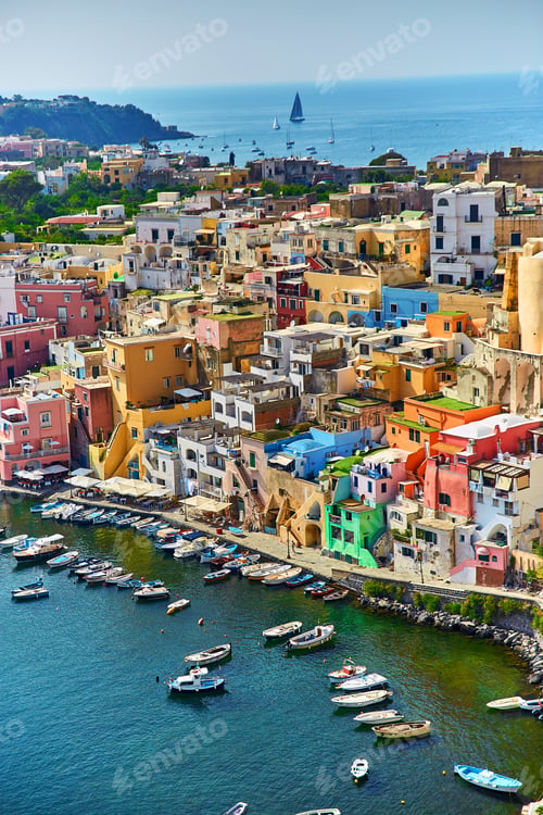 Preview: Small boats in port on a Bay of Procida island, Naples, Italy