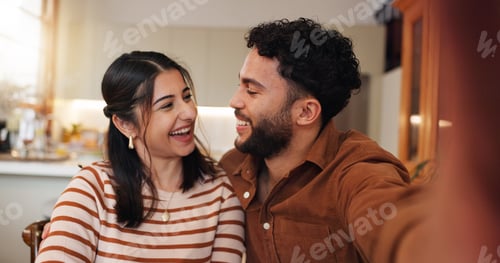 Preview: Couple, selfie and laughing in home conversation, photography and memory in relationship. Partner,