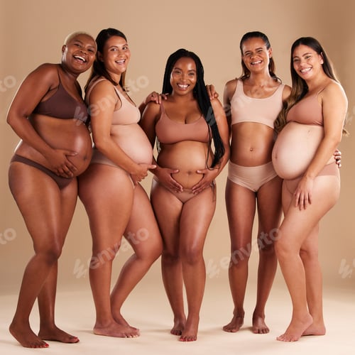 Preview: Pregnancy, beauty and portrait of friends in a studio for diversity, motherhood and prenatal wellne