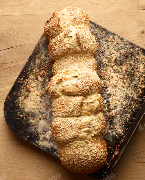 Preview: Overhead view of fresh Greek sesame bread on baking tray
