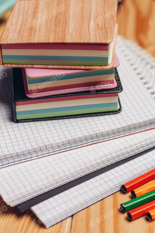 Preview: colorful stickers notepads pencils office desk close-up