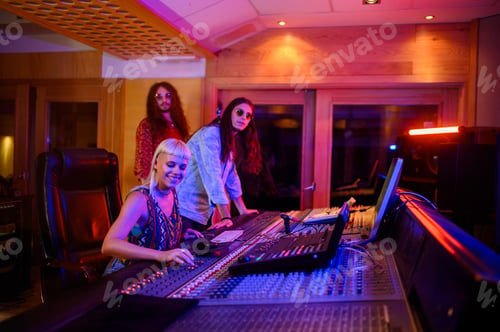 Preview: Female smiling technician at recording studio operating channel mixer.