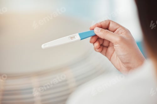 Preview: Woman, hands and pregnancy test with negative results, information and lines at home. Closeup of gi