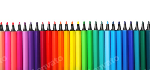 Preview: Many colorful markers on white background, top view. Rainbow palette