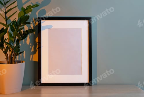 Preview: Blank frame mockup for artwork or print on green wall background.