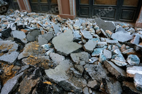 Preview: Cracked asphalt road with debris in the city