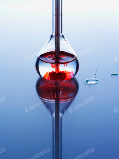 Preview: A serene concoction of science and art, featuring a glass flask with a red liquid suspension