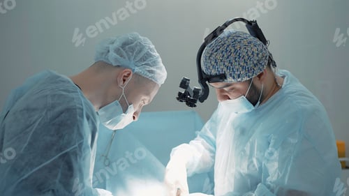 Preview: Two surgeons busy at work . Action . Two men in blue lab coats are painstakingly working on a