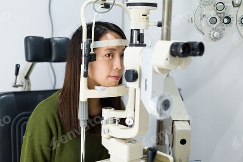 Preview: Woman doing eye test with optometrist in medical office