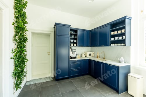 Preview: Elegant Navy Blue Kitchen Interior Boasting Modern Appliances and Chic Design
