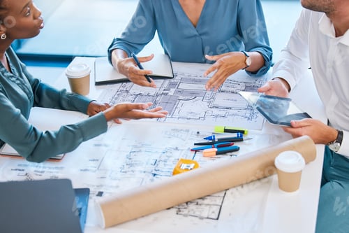 Preview: Blueprints, architects and building engineers talking, meeting and planning renovation, remodeling