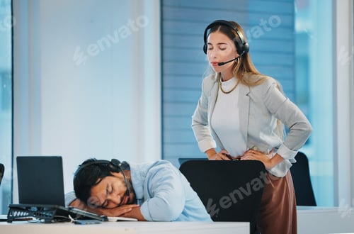 Preview: Boss, lazy and man employee in office at laptop telemarketing center, sleep or burnout. Woman, work