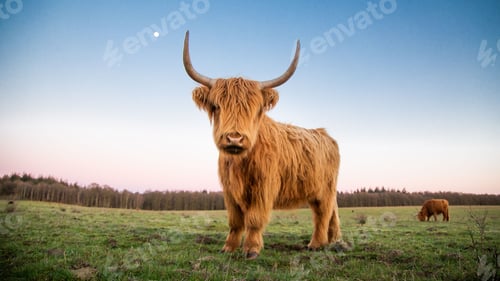 Preview: Highland cattle standing in a lush green grassy field, with tall trees in the background