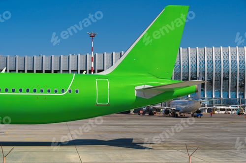 Preview: Green passenger airplane at the airport on sunny day