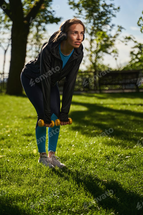 Preview: Happy female training with equipment in nature