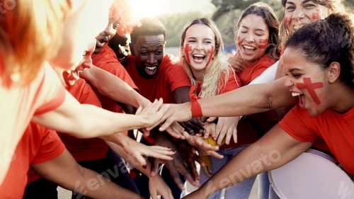 Preview: Crowd sport football fans celebrate final champion - Soccer hooligans stacking hands in match game