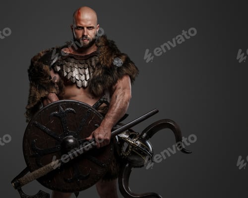 Preview: Viking man in a beard and bald head against a gray background