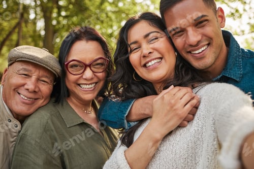 Preview: Happy family, parents and selfie by couple in a park together and happy for vacation or outdoor vac
