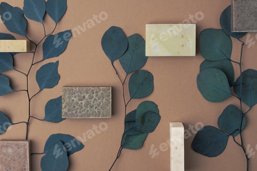 Preview: Soap with eucalyptus on brown natural background. Flat lay, copy space.