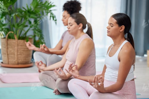 Preview: Pregnant yoga, relax and zen by women on a floor for exercise, fitness and wellness in a home toget
