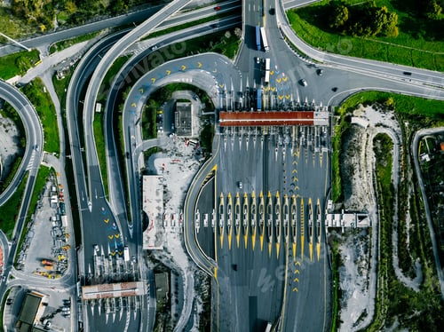Preview: Aerial view gate for expressway fee payment in the city, toll collection point on the motorway