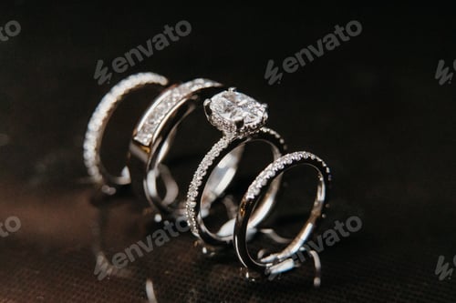 Preview: white gold and diamond rings on a black table with reflections