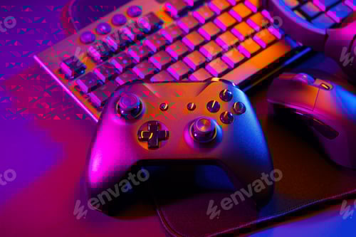 Preview: Computer keyboard, mouse and joystick on black background