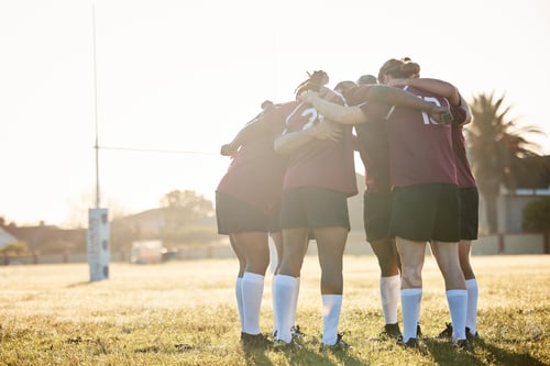 Preview: Rugby, training and a sports team in a huddle on a field for a game, competition or fitness practic