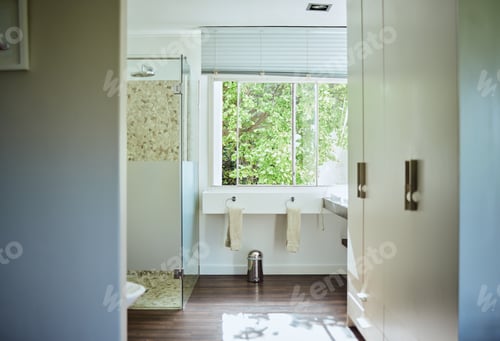 Preview: Empty bathroom, interior and architecture in home, house and luxury hotel for hospitality, hygiene