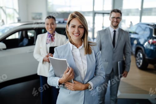 Preview: salesteam in dealership, three beautiful consultants or managers in elegant suit looking on camera.