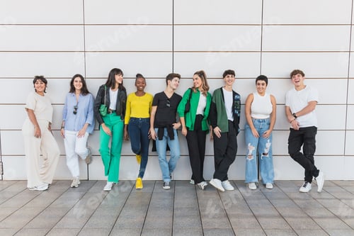 Preview: Group of diverse friends standing by wall on street in daylight