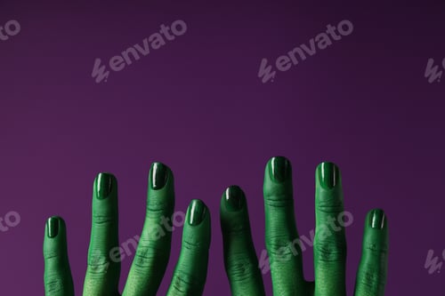 Preview: Green, painted hands on a purple background.