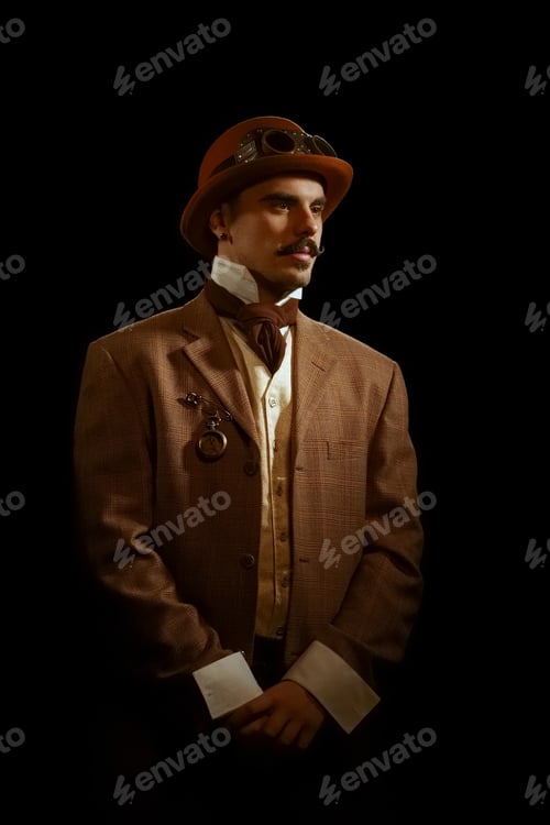 Preview: Portrait of steampunk man in hat and glasses