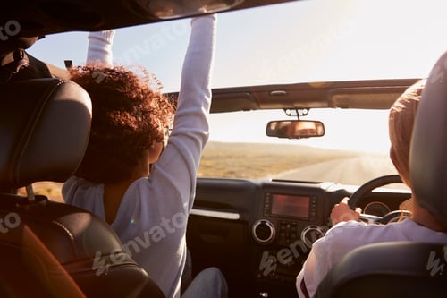 Preview: Girlfriends driving with sunroof open, rear passenger POV